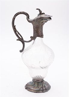 An Art Nouveau Silver-plate and Molded Glass Ewer Height 12 inches