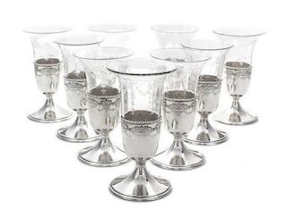 A Set of Nine American Silver and Glass Cordials, Frank M. Whiting, North Attleboro, MA, Circa 1925, the silver bases flat-chase