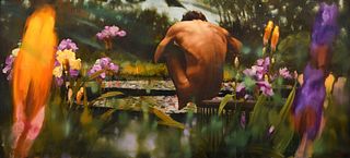 Large Daniel Maffia Male Nude Figural Painting, 78"W