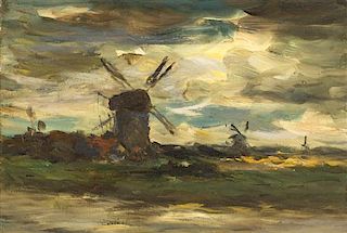 Attributed to Jacob Henricus Maris, (Dutch, 1837-1899), Windmills at Moonlight