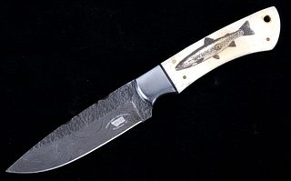 Montana Cutthroat Trout Scrimshaw Damascus Knife