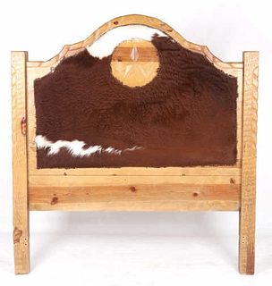 Western Steer Hide Upholstered Hewn Wood Queen Bed
