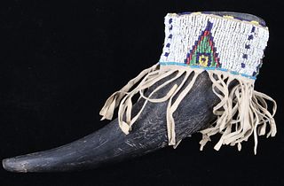 Sioux Beaded Hide Covered Buffalo Horn Cup 19th C.