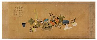 A Chinese Ink and Color Painting on Silk Height 23 7/8 x width 59 7/8 inches.