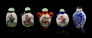 Five Porcelain Snuff Bottles Height of tallest 2 1/8 inches.