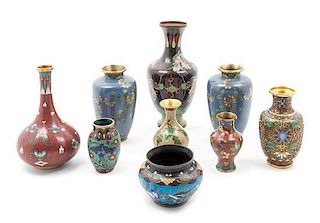 Nine Japanese Cloisonne Enamel Vases Height of tallest 9 inches.