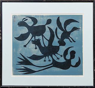 An Inuit Stone Cut Print Height 19 1/2 x width 16 1/2 inches.