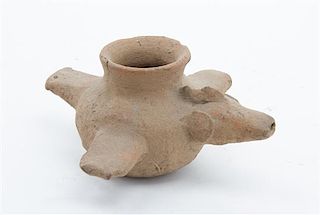 A Colima Bird Effigy Pottery Whistle Width 5 inches.