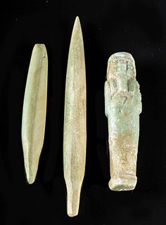 Egyptian Faience Ushabti + 2 Carved Bone Hair Pins