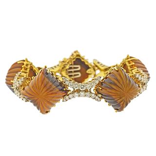 18k Gold Carved Tiger's Eye Diamond Bracelet 