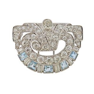 Platinum Diamond Aquamarine Brooch  Pin 