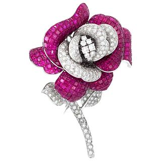 18k Gold Ruby and Diamond Brooch