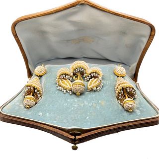Victorian Natural Pearl 18k Gold Brooch & Earring Set