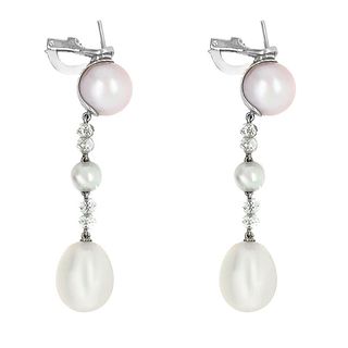 18K White Gold Diamond Cultured Pearl Earring Signed by Chaumet
