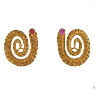Lalaounis Greece Ruby Gold Swirl Earrings