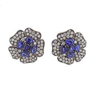 Diamond Sapphire Gold Flower Earrings
