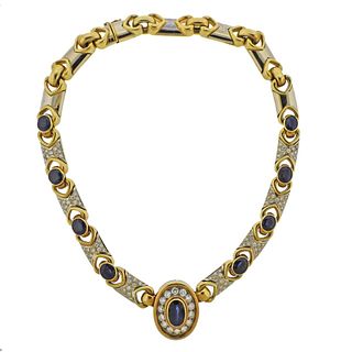 1980s Diamond Sapphire Gold Pendant Necklace
