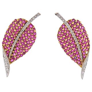 Ruby Diamond Gold Leaf Motif Earrings
