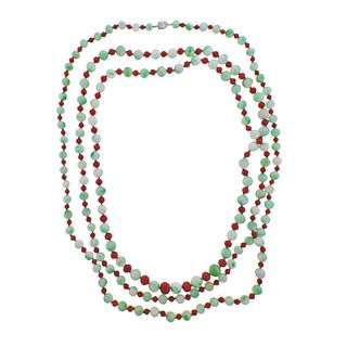 Tiffany & Co Platinum Diamond Jade Coral Long Necklace