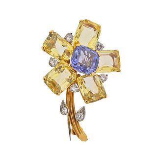 Cartier Midcentury Yellow Blue Sapphire Diamond Flower Brooch