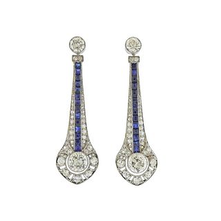 Art Deco Style Diamond Sapphire Gold Platinum Drop Earrings