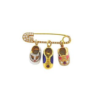 Diamond Enamel Gold Baby Shoe Charm Safety Pin Brooch