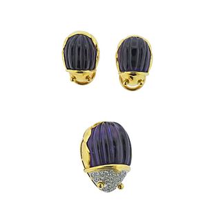 Tiffany & Co Carved Amethyst Diamond Gold Beetle Earrings Brooch Set