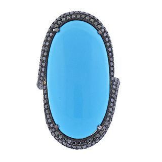 Black Diamond Blue Stone Gold Cocktail Ring