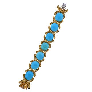 1970s Turquoise Diamond Gold Bracelet