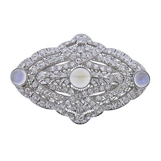 Art Deco Platinum Diamond Moonstone Brooch Pendant