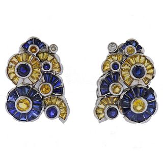 Mid Century Yellow Blue Sapphire Diamond Gold Earrings