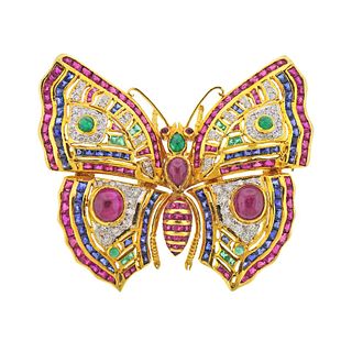 Ruby Sapphire Emerald Diamond Gold Butterfly Brooch