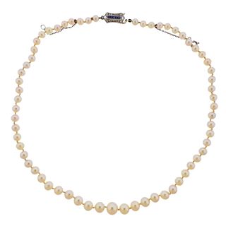 Art Deco Platinum Diamond Sapphire Pearl Necklace 