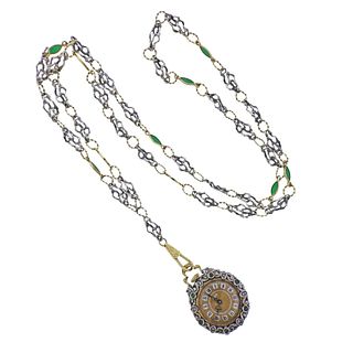 Antique Gold Silver Diamond Enamel Pocket Watch Pendant Necklace 