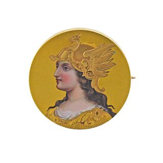 Antique Gold Enamel Hand Painted Miniature Portrait Brooch 