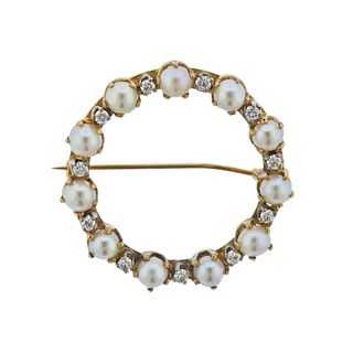 Cartier Pearl Diamond Gold Circle Brooch Pin 