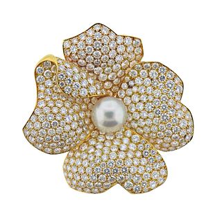 Cartier South Sea Pearl 15 Carat Diamond Gold Flower Brooch