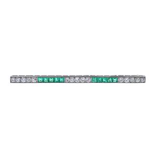 Art Deco Emerald Diamond Platinum Gold Bar Brooch 