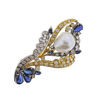 Baroque Pearl Diamond Sapphire Gold Pendant Brooch 