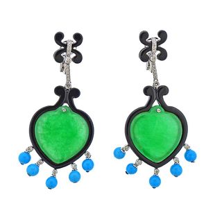 Jade Turquoise Onyx Diamond Gold Earrings