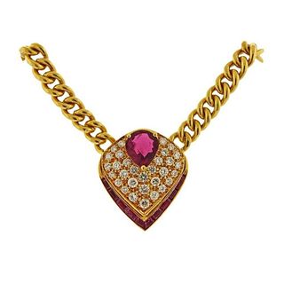 Gold Diamond Ruby Pendant Necklace