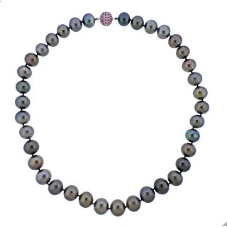 Pink Sapphire Tahitian South Sea Pearl Gold Necklace 
