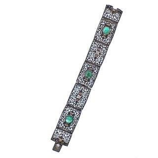 Emerald Cabochon Diamond Gold Silver Bracelet 