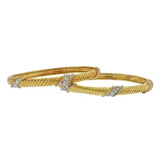 1980s Diamond Gold Bangle Bracelet Set 