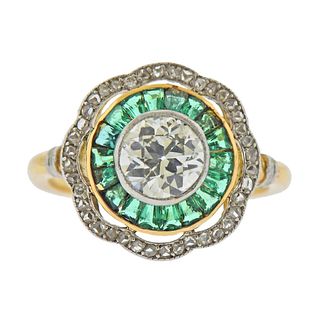 Art Deco Old Mine Diamond Emerald Gold Ring 