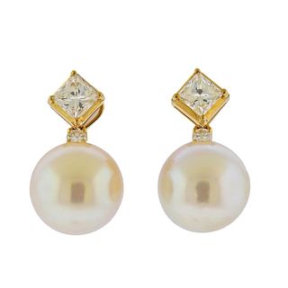 South Sea Pearl Diamond Gold Night & Day Earrings 