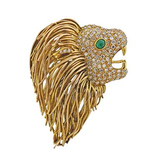 Diamond Emerald Gold Lion Head Brooch Pin 