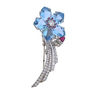 Mid Century Aquamarine Diamond Ruby Platinum Flower Brooch