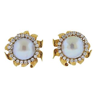Van Cleef & Arpels Mabe Pearl Diamond Gold Flower Earrings 