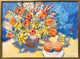 Sybil Goldsmith, Oil on Canvas, "Flowers in a Basket and Sliced Orange"